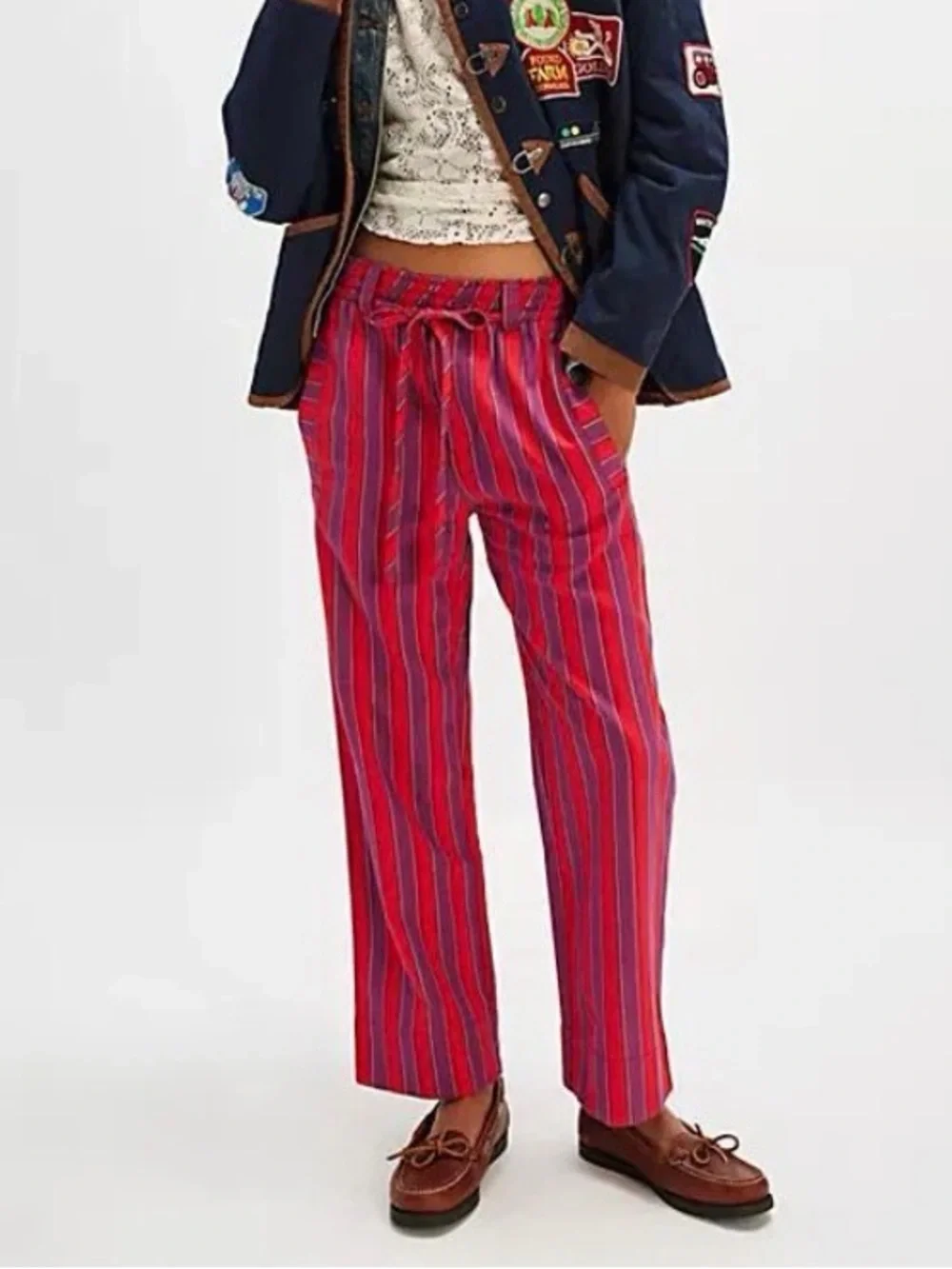 Free People Marielle Pull-On Pants Straight-Leg Red & Purple Stripe Size Medium